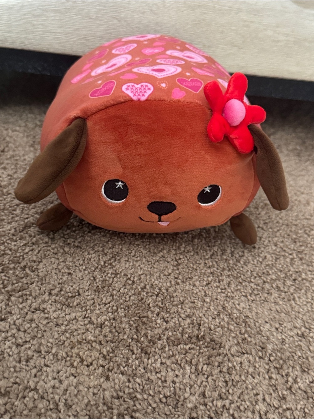 Moosh-Moosh Plush Puppy Pillow with Heart Print and Red Flower